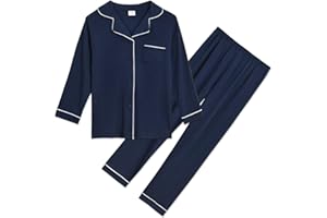 Aablexema Unisex Kids Pajamas Set Button-Down Long Sleeve Cotton Sleepwear Lounge Set for 5-13 Years