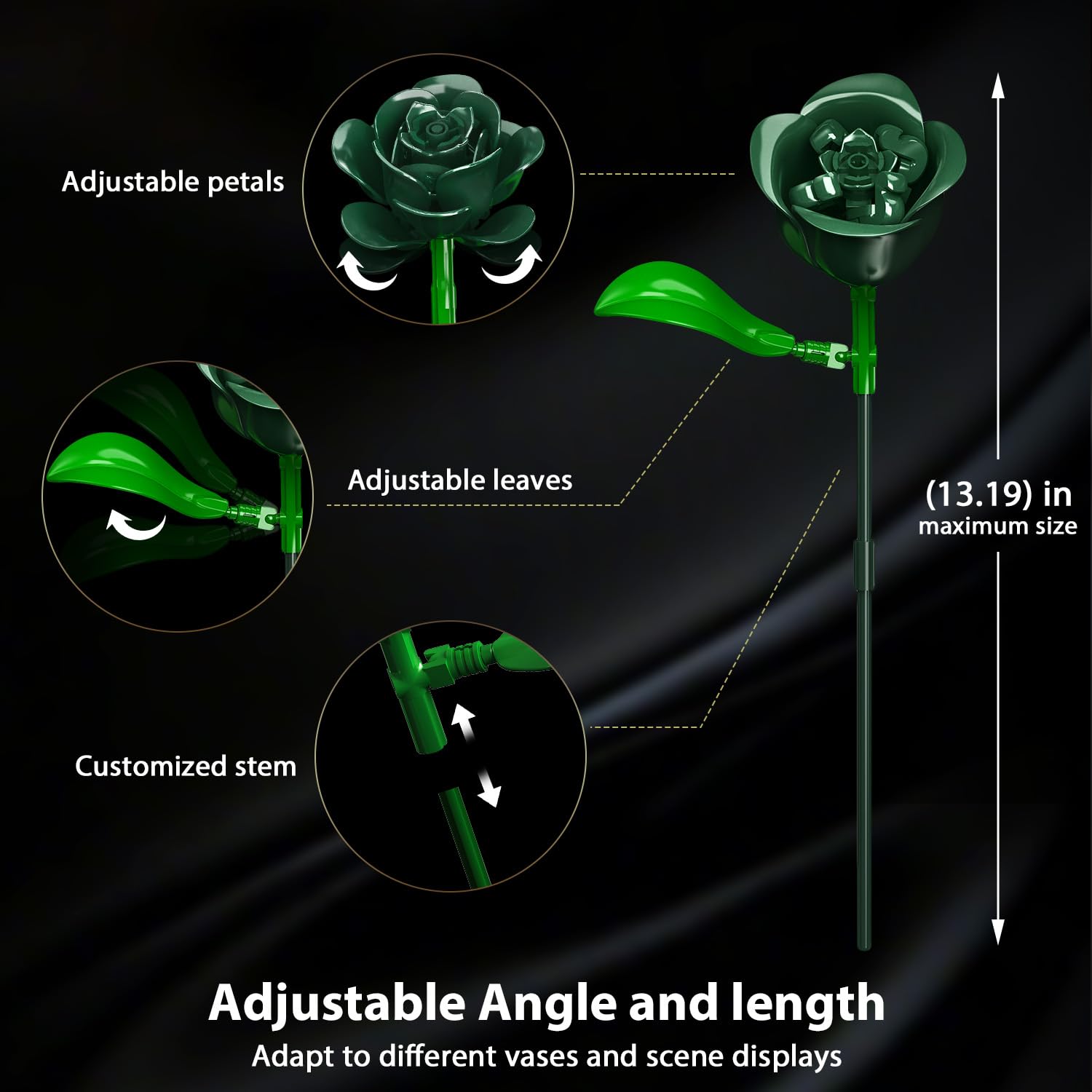 PLAXSOON Blumenstrauß Bausatz mit Licht, 16 grüne Rosen botanische Kollektion Bausteine für Erwachsene Mädchen, 523 Stück künstliche Blumen Valentinstags Geburtstagsgeschenk für sie Wohnzimmer Dekor 7