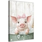 CHAOSETKEN Funny Pig Pictures for Bathroom Cute Pig in Bathtub Canvas Prints Pink Animal Bathing Painting Washroom Nursery Room Framed Wall Art (Grey,18L x 12W)