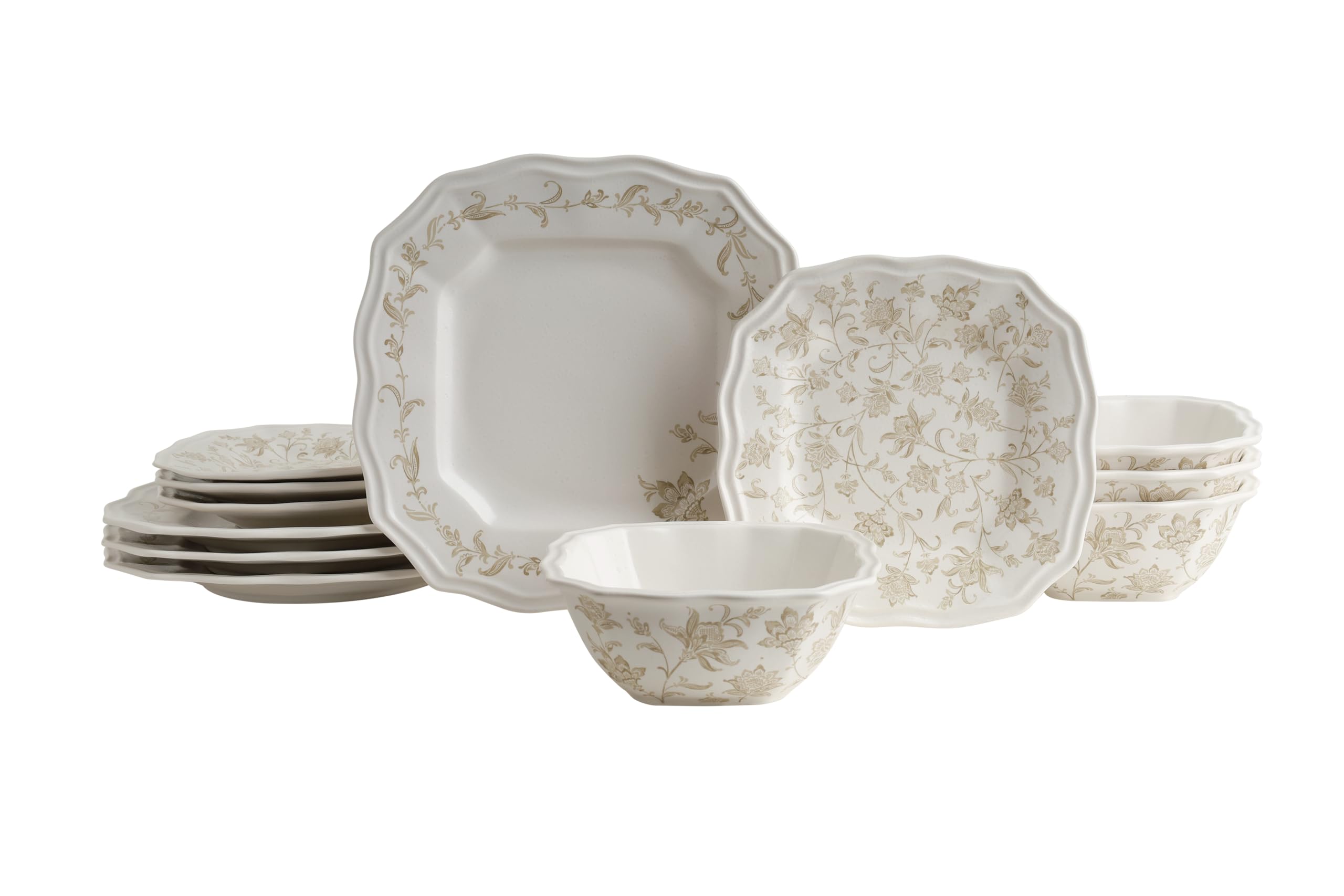 Photo 1 of 225 Fifth Batik Toile Taupe Porcelain 12-Piece Dinnerware Set – Service for 4, Includes Dinner Plates, Salad Plates & Cereal Bowls, Glossy Finish, Dishwasher Safe, for Everyday Dining & Entertainment