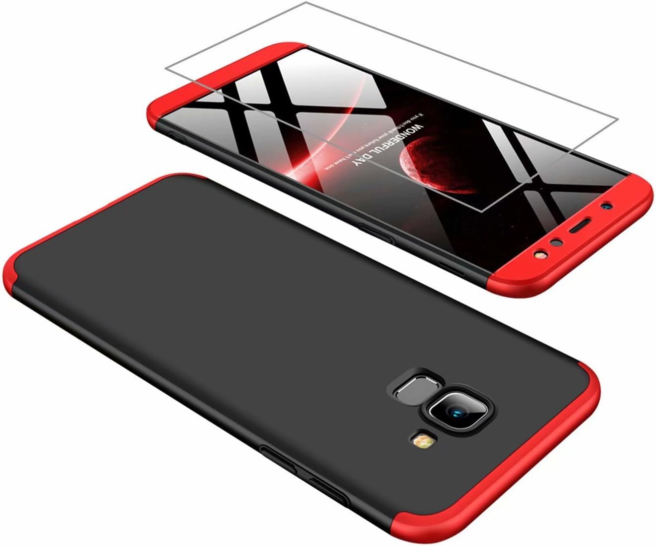 AILZH compatible Samsung galaxy A6 2018 Case+Tempered glass film 360 Degree Protective Cover PC Hard Shell Anti-Shock Shockproof Full Body Protective Anti-Scratch Bumper Matte Protection(Red black)
