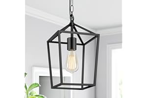BESLOWE Farmhouse Black Pendant Light for Kitchen Island Industrial Hanging Lantern Fixture Modern Metal Cage Lamp Chandelier Lighting for Dinning Room Hallway, 49in Adjustable Chain for Flat & Sloped Ceiling
