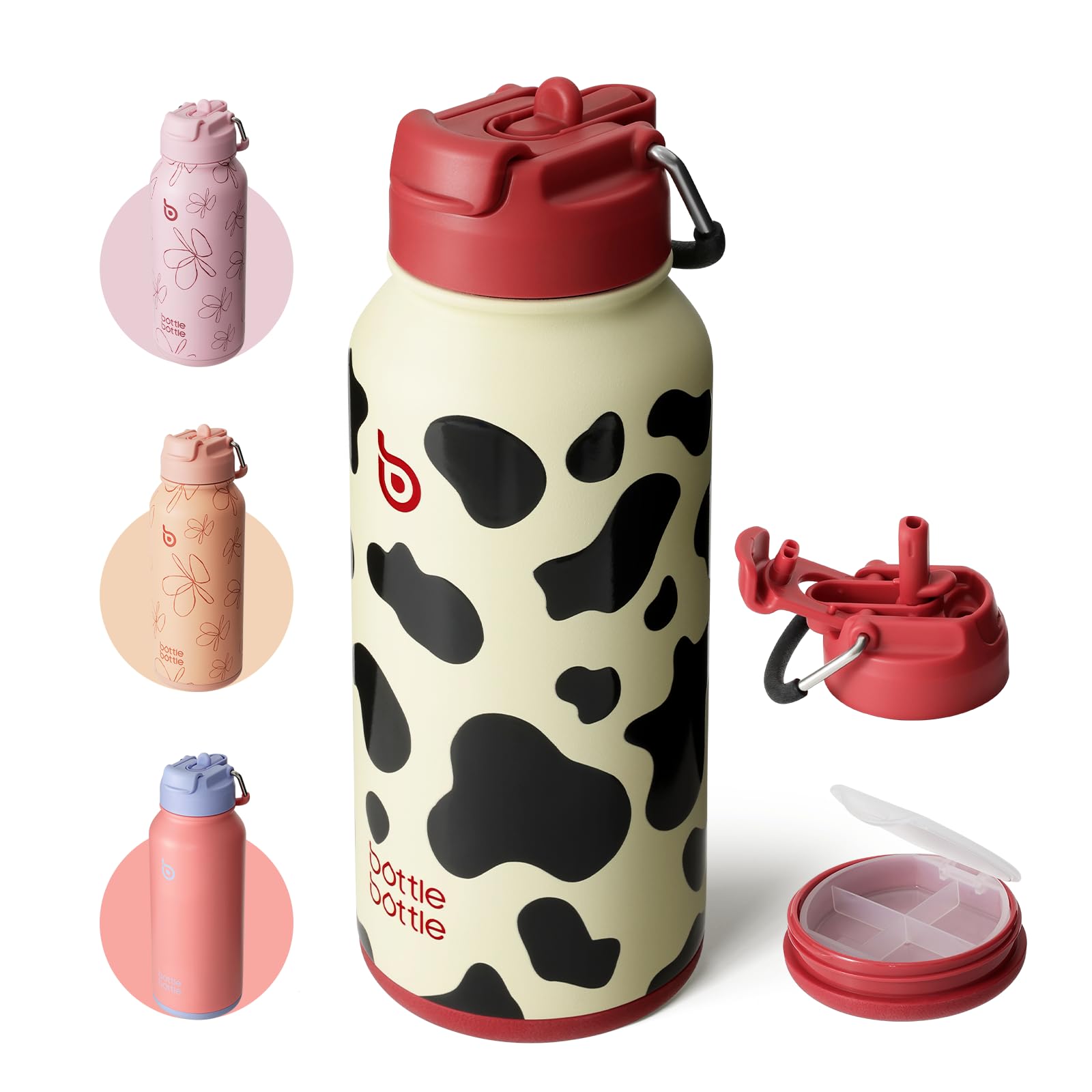 BOTTLE BOTTLE Insulated Water Bottle 950ml(32oz) Stainless Steel Sports Water Bottles with Straw Dual-use Lid Drink Flask Design for Gym with Pill Box (cow)