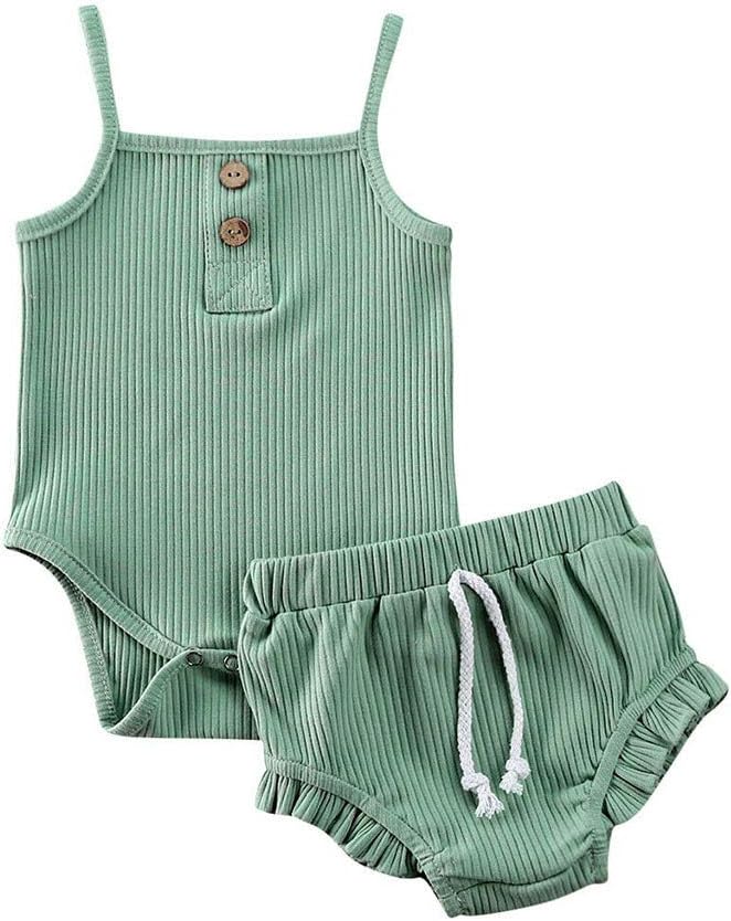 Aimik Newborn Romper Outfits Set, Infant Baby Girls Summer Outfits Knit Halter Strap Solid Romper Tops Drawstring Shorts Cotton 2Pcs Clothes Pants Sets for 0-24 Months (0-3 Months, Green)