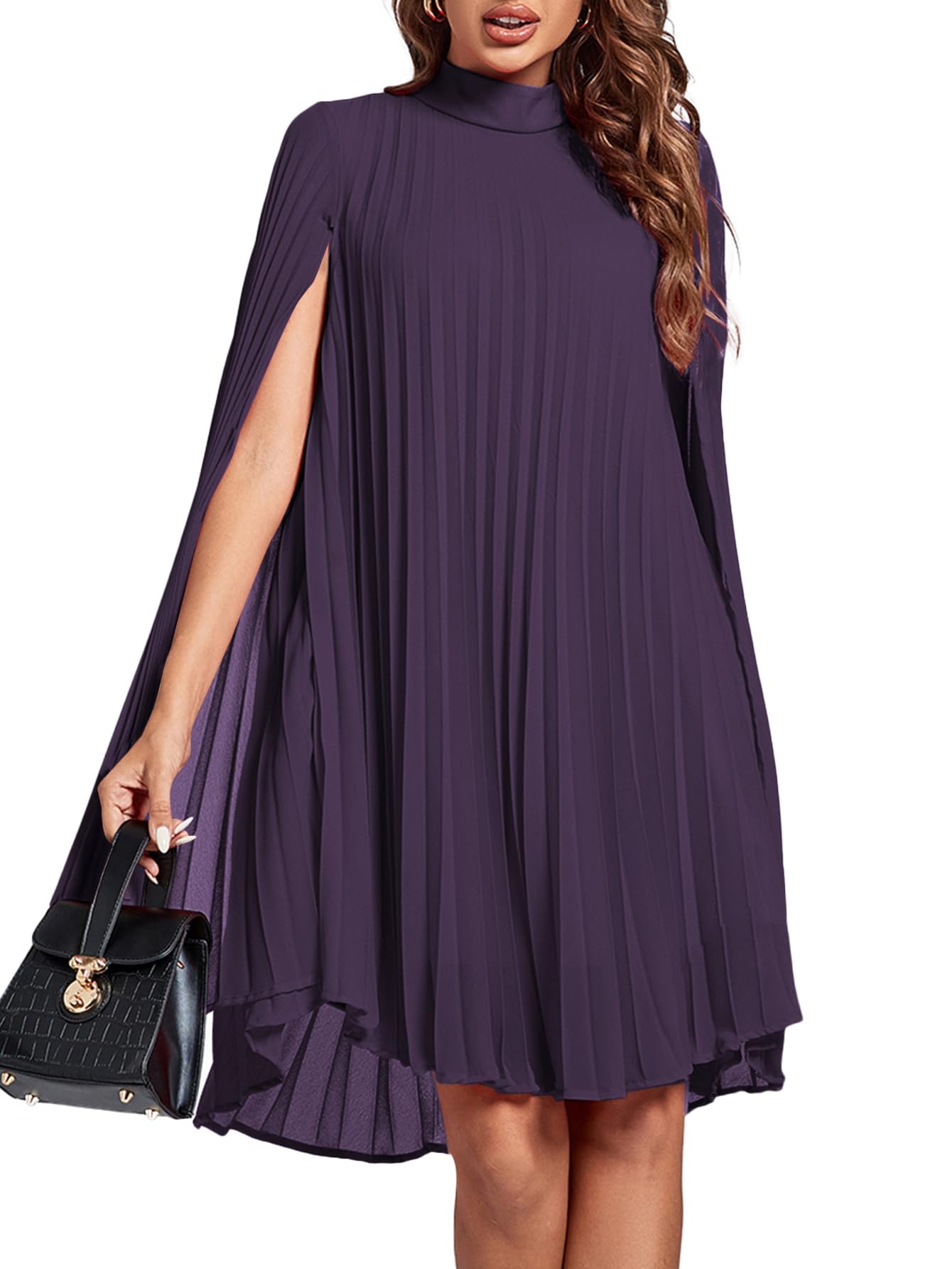 Photo 1 of (xl) (bagged) (blue) Rooscier Women's Mock Neck Cloak Sleeve Pleated Keyhole Back Flowy Party Midi Dress New Dark Purple X-Large