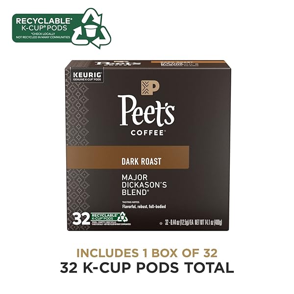 PEET’S COFFEE, MAJOR DICKASON’S BLEND – DARK ROAST COFFEE – 32 K-CUP PODS FOR KEURIG BREWERS (1 BOX OF 32 K-CUP PODS)