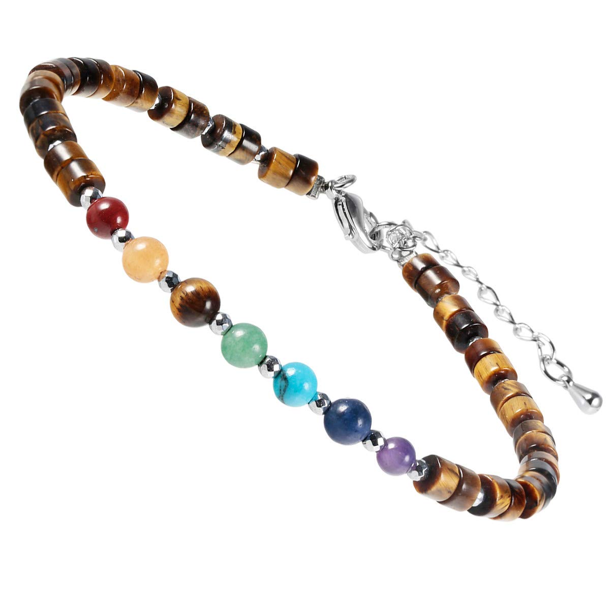 mookaitedecor 7 Chakra Healing Crystal Stone Bracelet for Women Men, Colourful Brown Tiger's Eye Crystal Flat Beads Bracelet Semi Precious Gemstone Stone Jewellery Adjustable Yoga Reiki Link Bangle — image 1