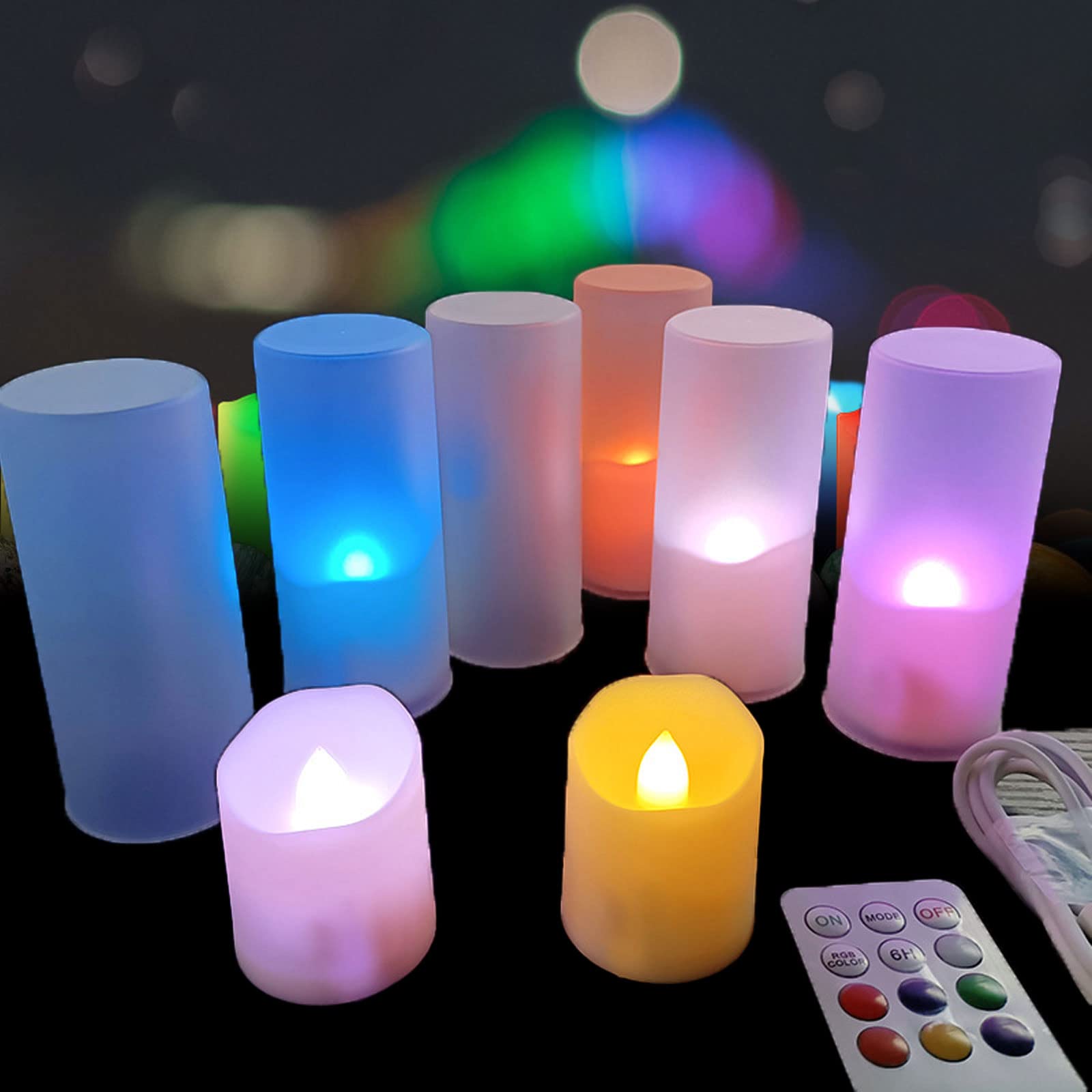 Rechargeable, Remote-Controlled Timer Flickering Tealight Candles, 6pcs Votive for Wedding, Home, Christmas, Seasonal & Festival Decor (Colorful)
