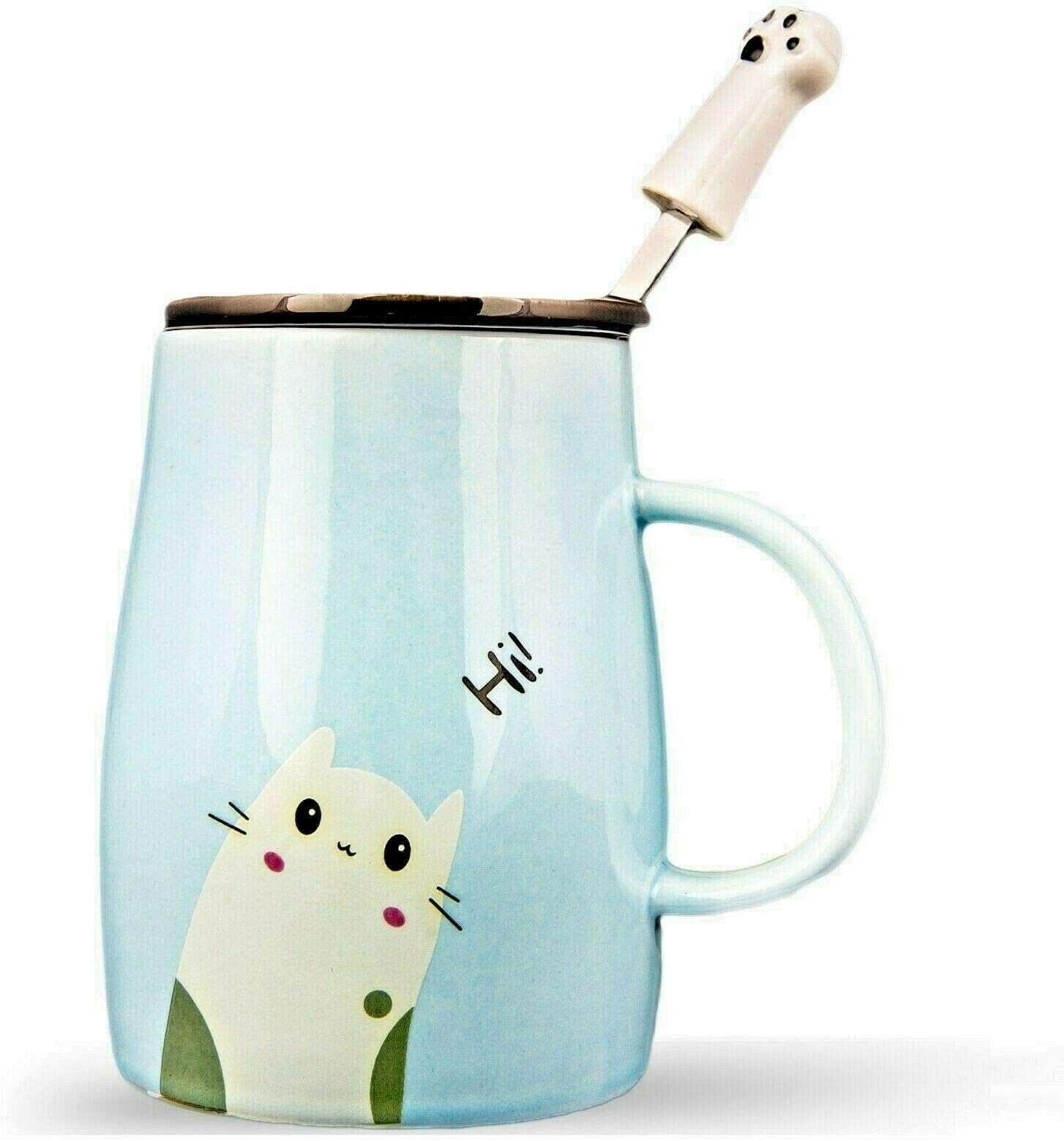 Cute Cat Mug Ceramic Coffee Cup with Kitty Stainless Steel Spoon | Novelty Mug Gift for Cat Lovers | Blue