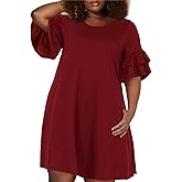 Nemidor Plus Size Casual Dresses for Curvy Women Summer Ruffle Sleeve T-Shirt Swing Mini Dress with Pocket 14-26