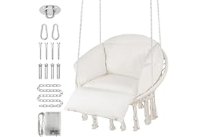 ZENPETIO Hanging Chair, Macrame Hammock Hanging Swinging Chair with Oversized Cushion & Mounting Hardware, Handwoven Swing Chair for Bedroom, Patio, Balcony, Garden, Living Room, Max 350 Lbs, Beige