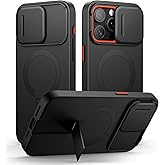 SURITCH for iPhone 15 Pro Max Case with Magnetic Camera Slide Cover and Adjustable Kickstand, Compatible with MagSafe, Shockproof Bumper Case Slim Protective Cover 6.7 Inch, Black