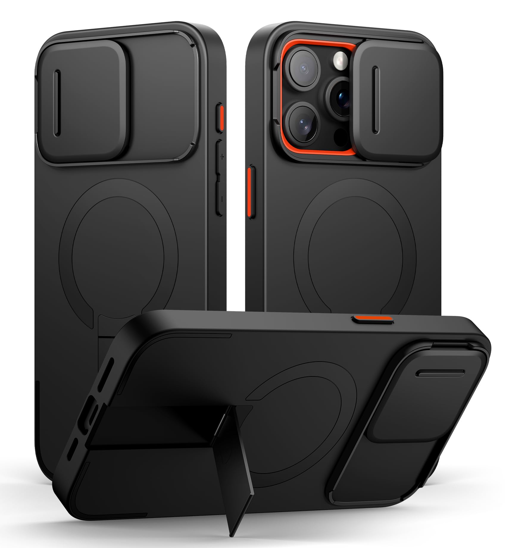 Photo 1 of SURITCH for iPhone 15 Pro Max Case with Magnetic Camera Slide Cover and Adjustable Kickstand, Compatible with MagSafe, Shockproof Bumper Case Slim Protective Cover 6.7 Inch, Black