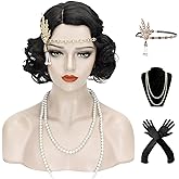 1920s Finger Wave Wig Women Black 30s Vintage Flapper Wig Lady Rockabilly Short Curly Wig Halloween Party Cosplay Costume Synthetic Hair + Cap