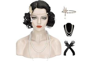 WIGGY MERMAID 1920s Finger Wave Wig Women Black 30s Vintage Flapper Wig Lady Rockabilly Short Curly Wig Halloween Party Cosplay Costume Synthetic Hair + Cap