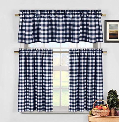 Bathroom and More Navy Blue 3 Piece Gingham Check Kitchen Window Curtain Set: Plaid, Cotton Rich, 1 Valance, 2 Tier Panels (Matching 3 Piece Window Curtain Set)