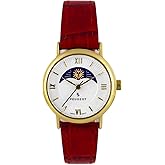 Peugeot Women 14K Plated Sun Moon Phase Vintage Dress Analog Watch with Leather Strap