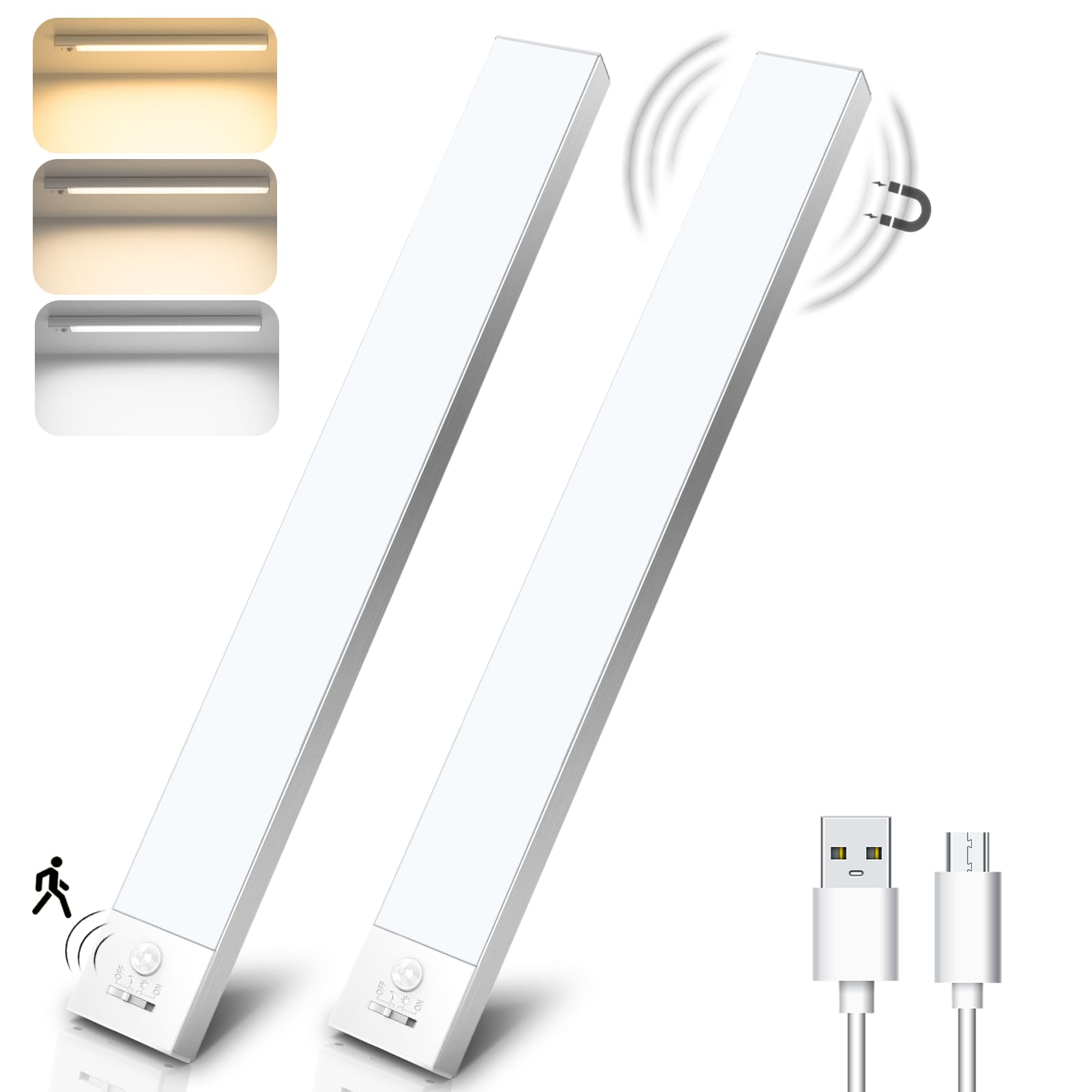 OUILA 32CM Under Cabinet Kitchen Lights Dimming, 1500mAh Motion Sensor Night Light 3 Color Temperature Stepless Dimming Type-c Rechargeable Cabinet Lights for Stairs Wardrobe Hallway Kitchen