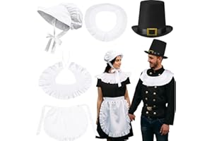 Breathffy 5 Pcs Thanksgiving Couple Costume Pilgrim Costume Women Colonial Set White Bonnet Shawl Apron and Men Pilgrim Set Hat in Black Color Shawl for Halloween Cosplay Adults Dress up Accessories