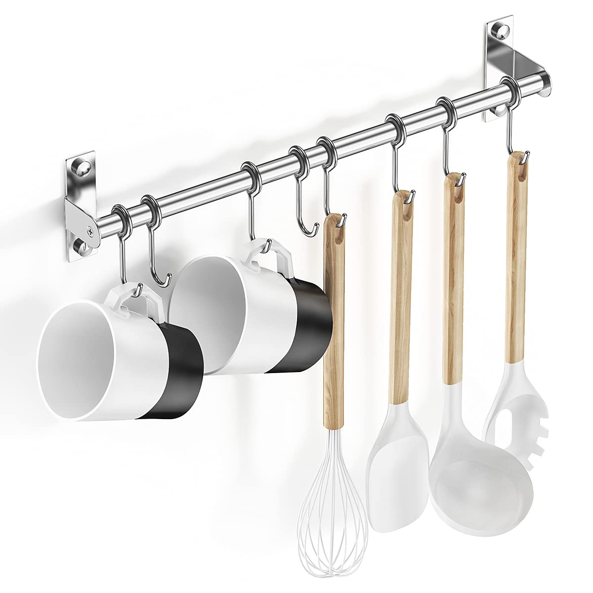 Lesfit Wall Mounted Kitchen Utensil Rack, No Drilling Self Adhesive & Screw Fixing, 16" Stainless Steel Rail with 8 Rotatable Hooks, Space-Saving Organizer for Utensils, Towels, Pots
