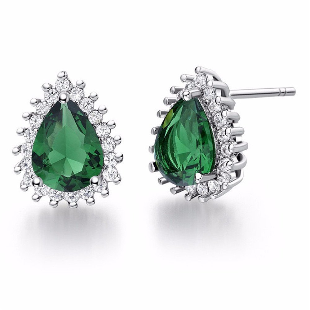 Uloveido Cubic Zirconia White Gold Plated Teardrop Pear Crystal Shape Wedding Bridal Stud Earrings for Women Birthstone Earings R815 (dark green)