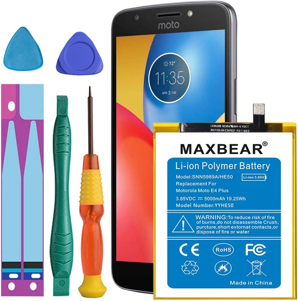 Motorola E4 Plus Battery, MAXBEAR 5000mAh Li-Polymer Replacement SNN5989A Battery for Motorola Moto E4 Plus HE50 XT1770 XT1774 XT1775 XT1776 with Repair Screwdriver Kit Tools [12 Month Warranty]