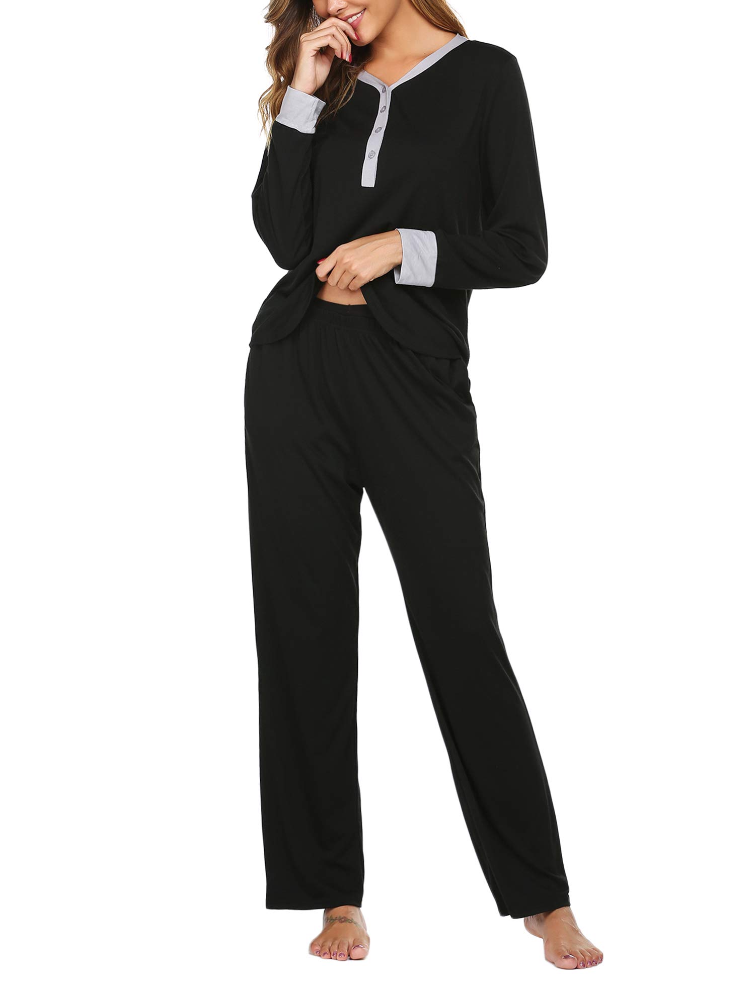 Ekouaer Women\'s Pajama Set Long Sleeve Sleepwear Long PJ Set Black