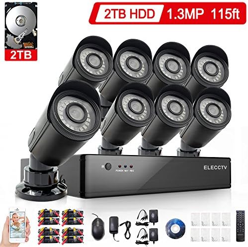ELECCTV 8 Channel 1080H DVR Video Security Camera System - Eight 2000TVL Weatherproof Bullet Cameras, 115ft IR Night Vision, Realtime Recording, Pre-Installed 2TB HDD