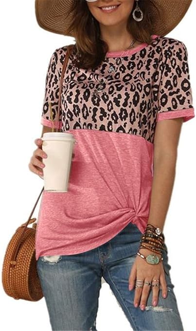 picberm Women Casual T Shirts Leopard Print Patchwork Tops Loose Crewneck Short Sleeve Raglan Pullovers Shirts Tops Pink