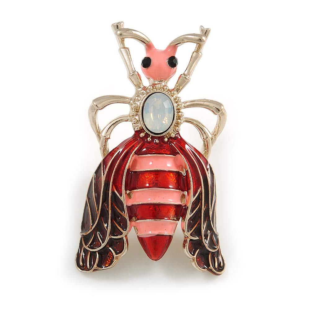 Funky Red/Pink Enamel Moth Brooch In Gold Tone - 50mm Tall