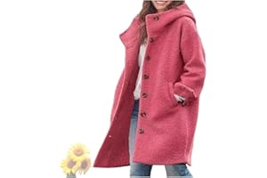 Women Winter Casual Single Breasted Hooded Jacket, Long Wool Blend Pea Coat Trench Coat Warm Button Down Overcoat