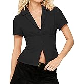 Women Y2k Short Sleeve Shirt Button Down Lapel V Neck Solid Color Slim Fit Crop Blouse Casual Vintage Work Office Top