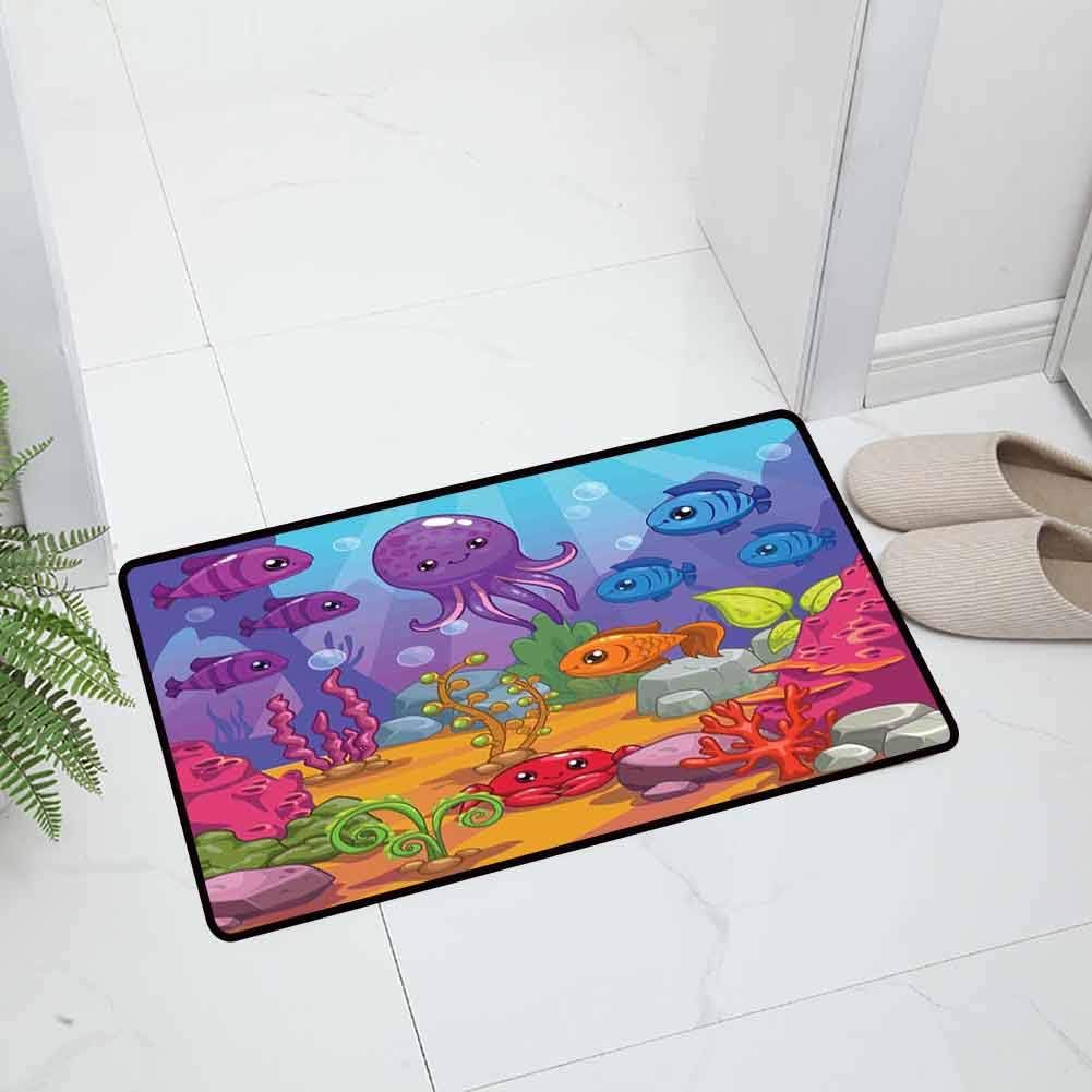 Whale Indoor Outdoor Welcome Mat Holiday Doormat Underwater World Aquarium Cartoon Octopus Reef Seaweed Stones Bubbles for Entry and High Traffic Areas, 23.5 x 15.5 inch Multicolor