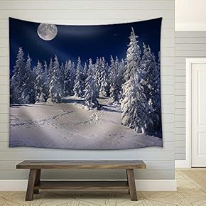 Beautiful Winter Landscape in The Mountains at Night with Stars and Moon - Fabric Wall Tapestry Home Decor - 51x60 inches