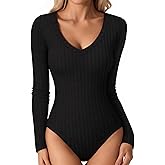 MANGOPOP Women's V Neck Long Sleeve Bodysuit Sweater Slim Fitted Body Suit Thermal Fleece Ribbed Knit Fall Tops 2025