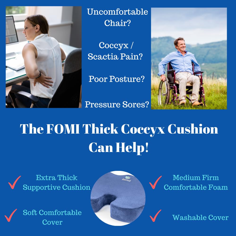 FOMI Extra Thick Firm Coccyx Orthopedic Memory Foam Seat Cushion | Black Large Cushion for Car or Truck Seat, Office Chair, Wheelchair | Back Pain Relief