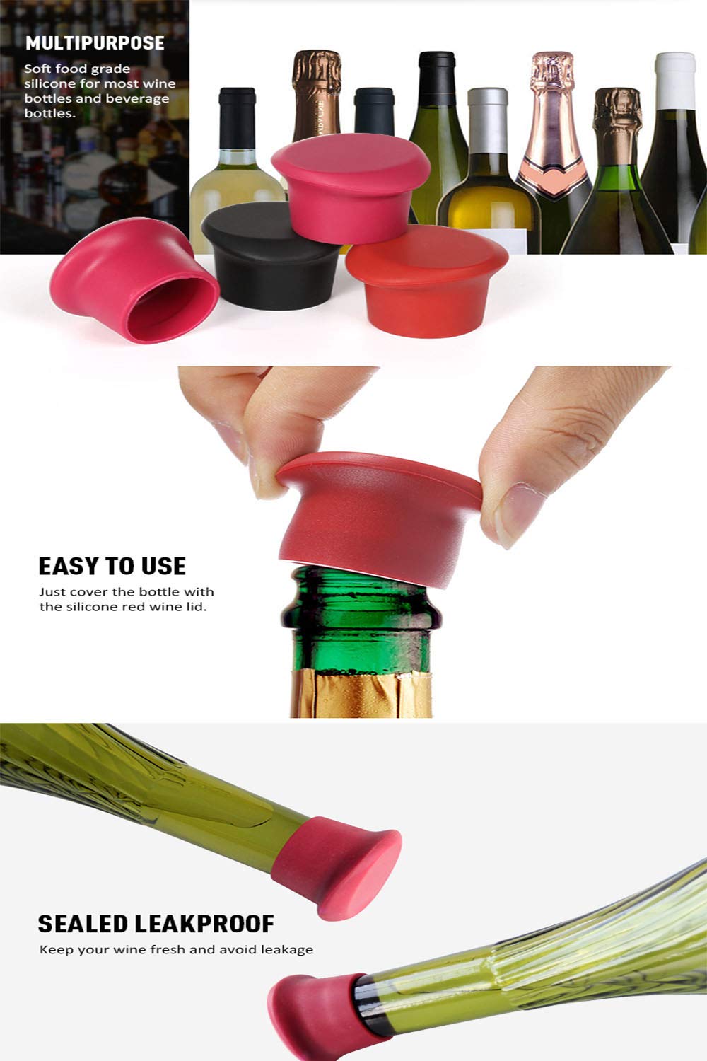 6 Wine Stoppers,Kitchenware Bottle Caps,Set of 6 Silicone Wine Reusable Caps Stoppers for Wine and Beer Bottles(Black2,Grape Purple 2,Red2)-P&M Home