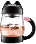 BZY1 Cute Cat Mug with Tea Strainer (420 ml/ 14 oz) Portable Heat Resistant Glass Tea Cup Infuser with Lid -for Office and Home Use (Black)