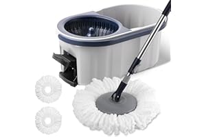 Spin Mop and Bucket System with180-Degree Rotating Head Telescopic Handle Dual Chamber Bucket Floor Cleaning Set with 3 Mop R