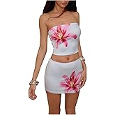 SOLY HUX Women's 2 Piece Skirt Sets Floral Strapless Tube Tops and Bodycon Mini Skirt Summer Vacation Outfits