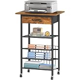 HOOBRO Printer Stand with Storage, Mobile Printer Table, Small Rolling Cart | Rolling Printer Cart with 4 Metal Mesh Trays and 1 Fabric Drawer, Industrial Utility Cart for Home Office, Rustic Brown