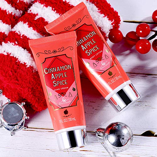 BODY & EARTH Bath and Body Gift Set - 9 Piece of Christmas Bath Gift Sets for Women,Cinnamon Apple Spice with Shower Gel,Body Lotion,Hand Cream,Bath Bomb,Socks and More