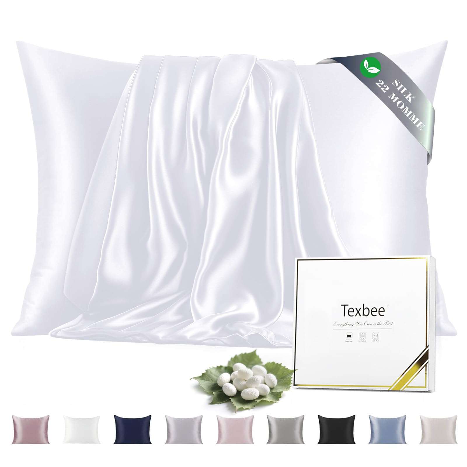 Texbee Silk Pillowcase, 22 Momme Mulberry Silk Pillowcases for Hair and Skin Health, Soft Smooth Breathable Cool Pure Pillow Case for Beauty Sleep, with Gift Box, 1pc (Standard 50x66 cm, Pure White)