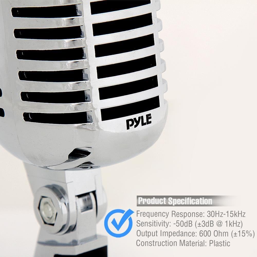 Classic Retro Dynamic Vocal Microphone - Old Vintage Style Unidirectional Cardioid Mic with XLR Cable - Universal Stand Compatible - Live Performance In Studio Recording - Pyle PDMICR42SL (Silver): Musical Instruments