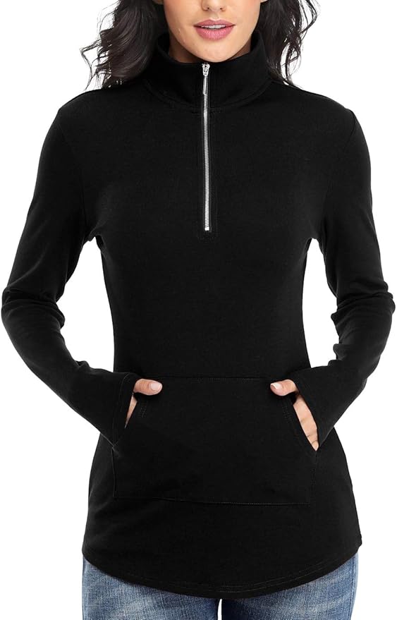Womens Quarter Zip Tunics Long Sleeves Stand Collar Curve Hem Pullover