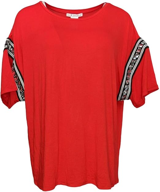 K Jordan Women's Plus Size Top 1X Embellished Stripe-Sleeve Tee Red at Amazon Womenâs Clothing store