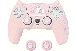 Cute Cat-Themed Silicone Case for PS5 Controller with Thumb Grips and pad Stickers - Soft, Comfortable Protective Cover Set, 