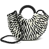 QTKJ Women Summer Retro Straw Tote Bag Hand-woven Boho Shoulder Bag Crossbody Bag Round Handle Beach Handbags (Black)