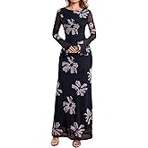 Floral Long Sleeve Mesh Bodycon Maxi Dresses Formal Wedding Guest Party Fall Dress for Women 2025