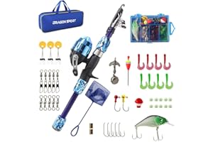 DRAGON SPORT Kids Fishing Pole Spincast 1.65m(5.41') Youth Fishing Pole Tackle Box - with Net,Travel Bag,Rod and Reel Kit for